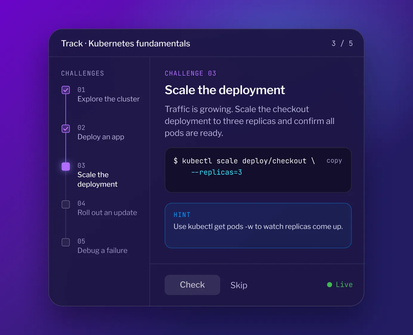 Screenshot of an interactive Kubernetes demo tour with a challenge to scale a deployment, showing a 15% increase in net-new sales pipeline