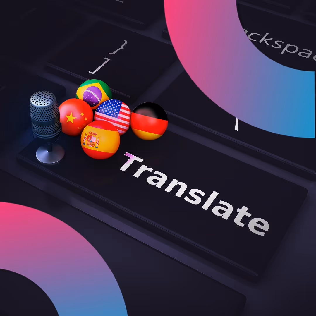 The word "translate" is centered, flanked by two microphones, symbolizing audio translation or interpretation.