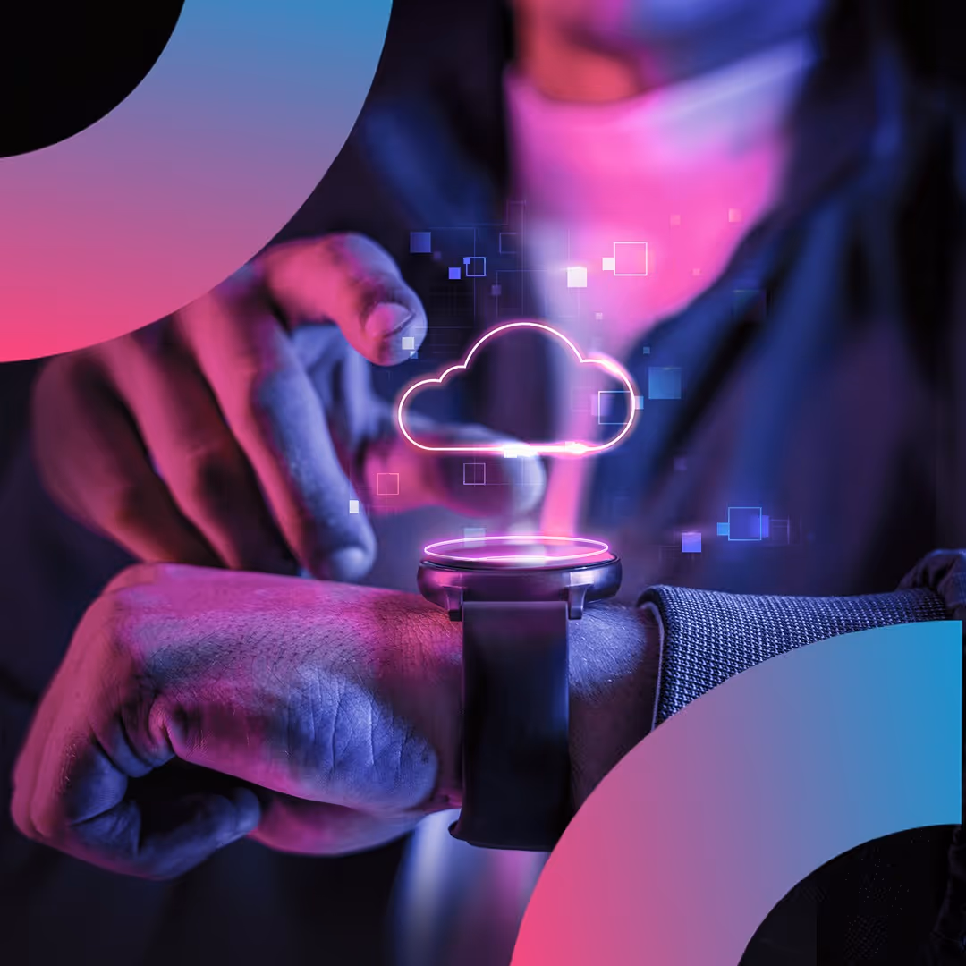 A person holds a smartwatch displaying a cloud icon, symbolizing connectivity and cloud services.