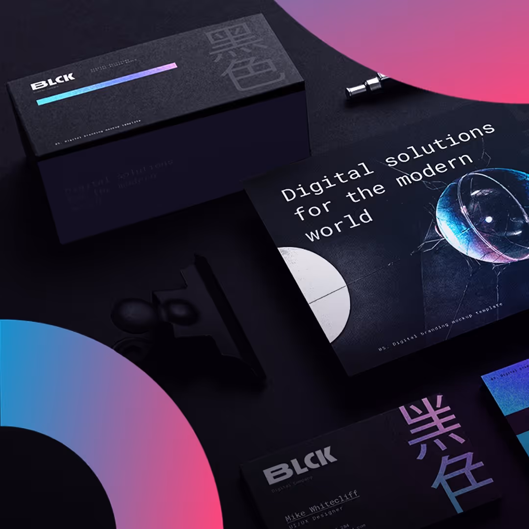  Business cards arranged neatly on a sleek black background, highlighting their design and colors.