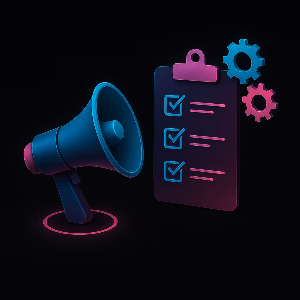 A megaphone and checklist on a black background, symbolizing communication and organization.