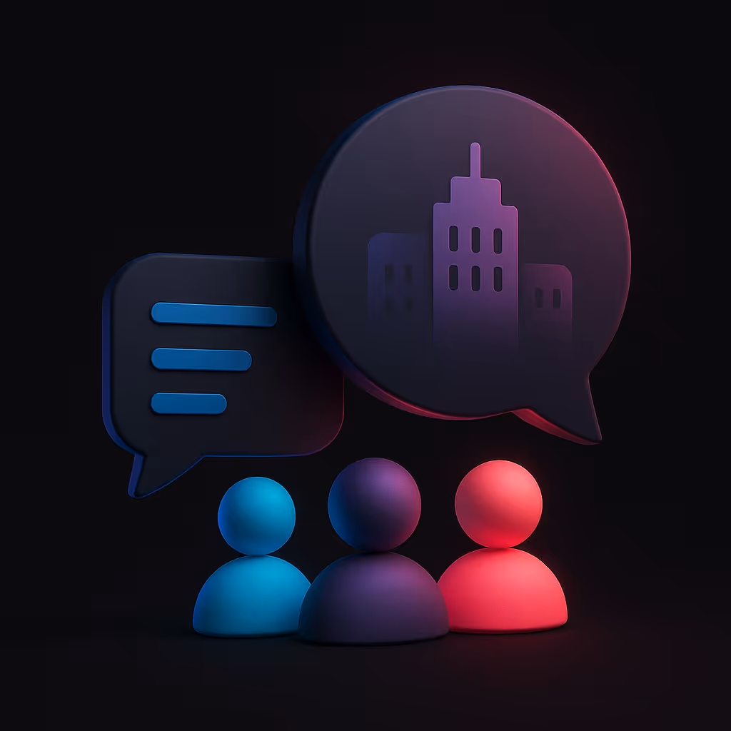 Three people with speech bubbles discussing ideas against a backdrop of a bustling city skyline.