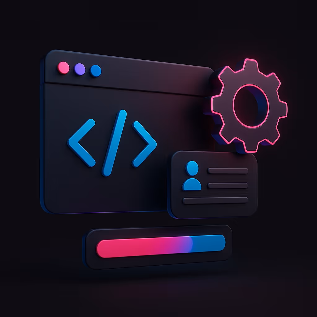 A computer screen with a code symbol and gear, representing programming and system settings.