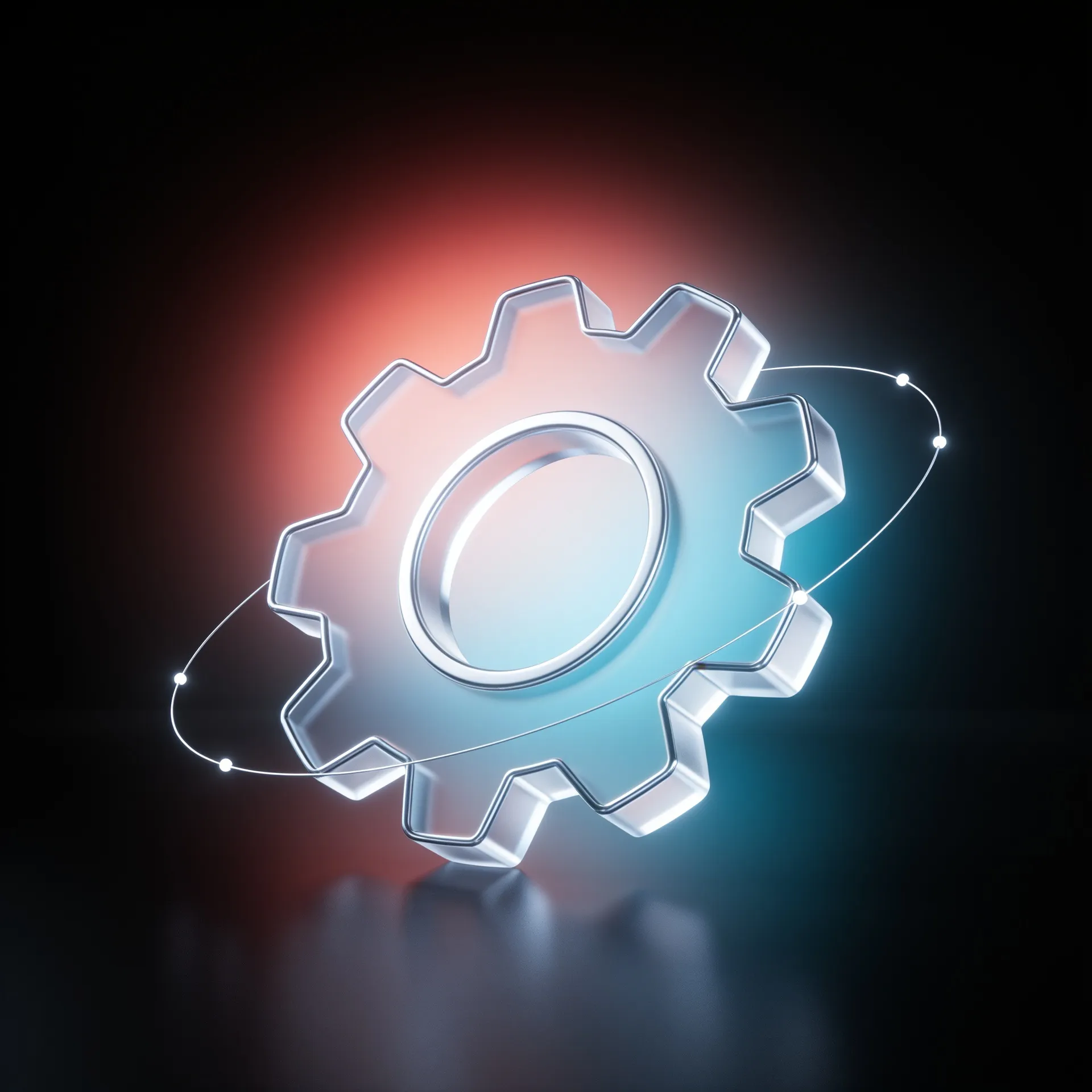 Glass gear and network nodes icon representing marketing automation agency and CRM marketing agency services