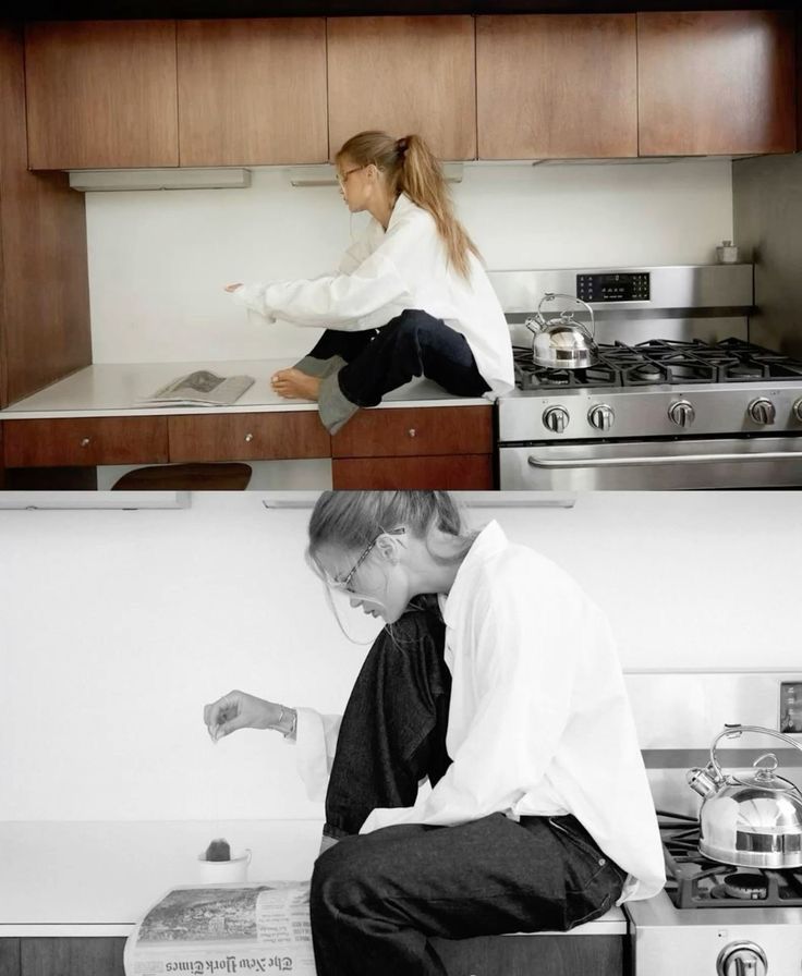 This may contain: two photos one with a woman sitting on the counter and another with a man standing in front of an oven