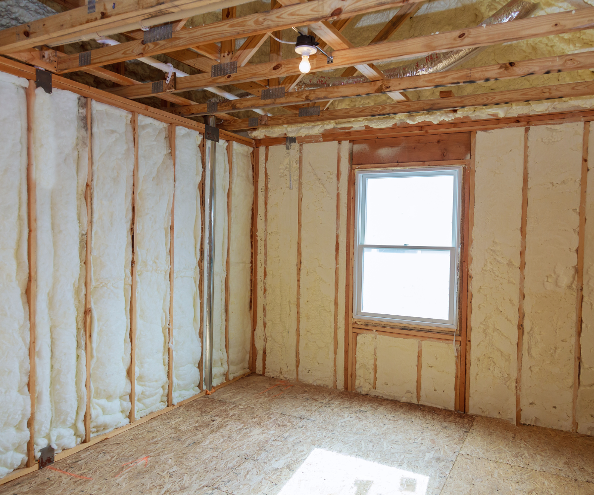 Basement walls and ceiling framed with wood studs and insulation during a permitted finishing project.