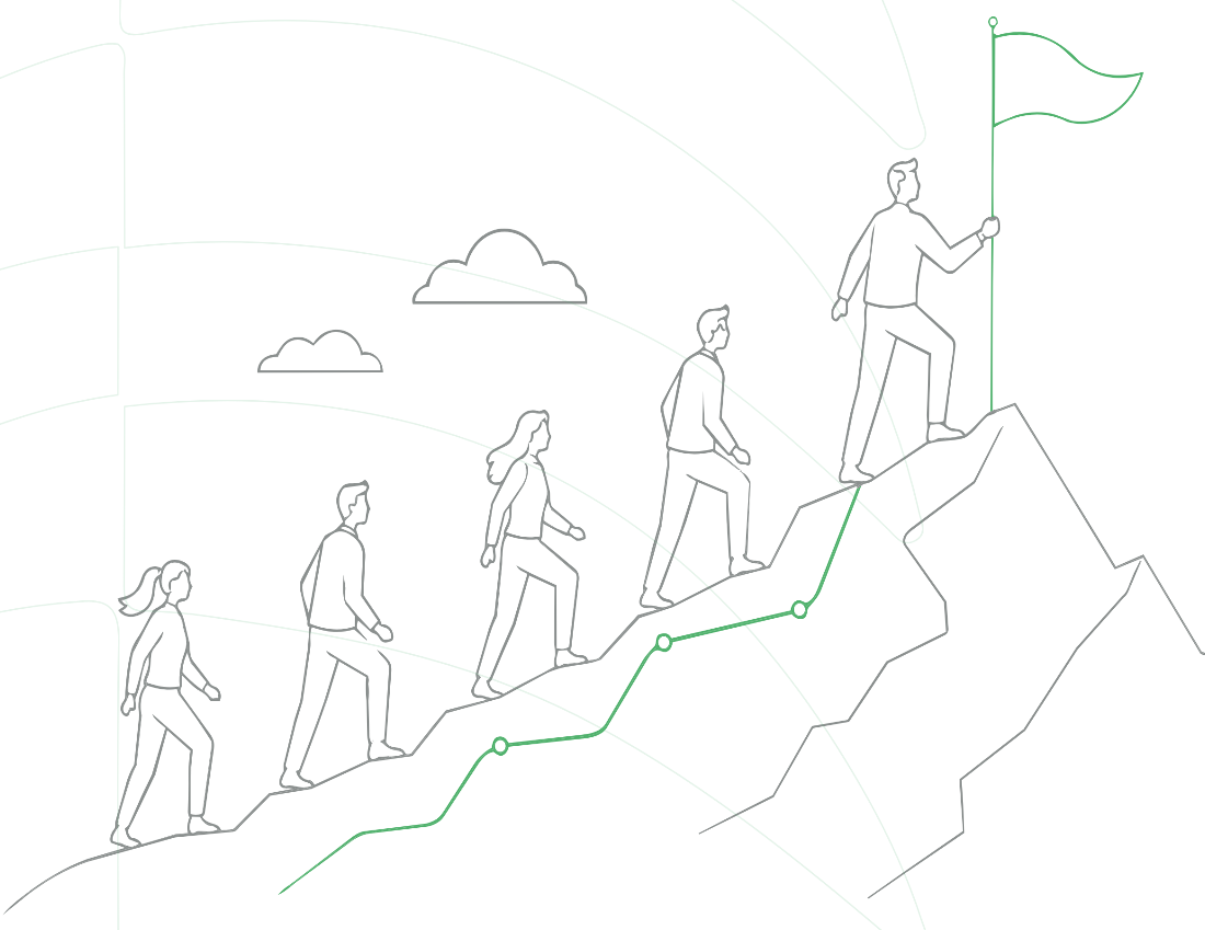 Illustration of people climbing to a mountaintop with a flag