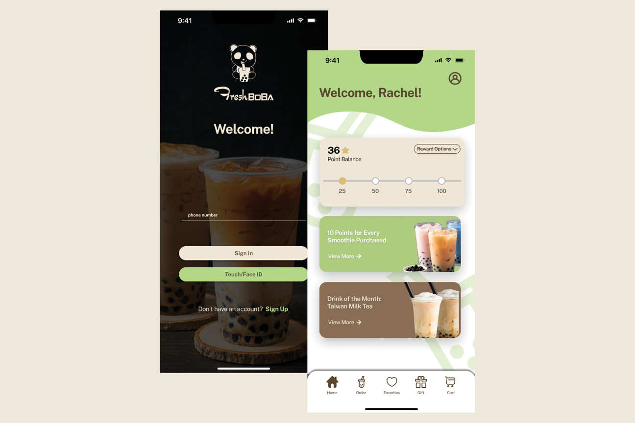 Screenshots of the FreshBoba app's sign in page and home page.