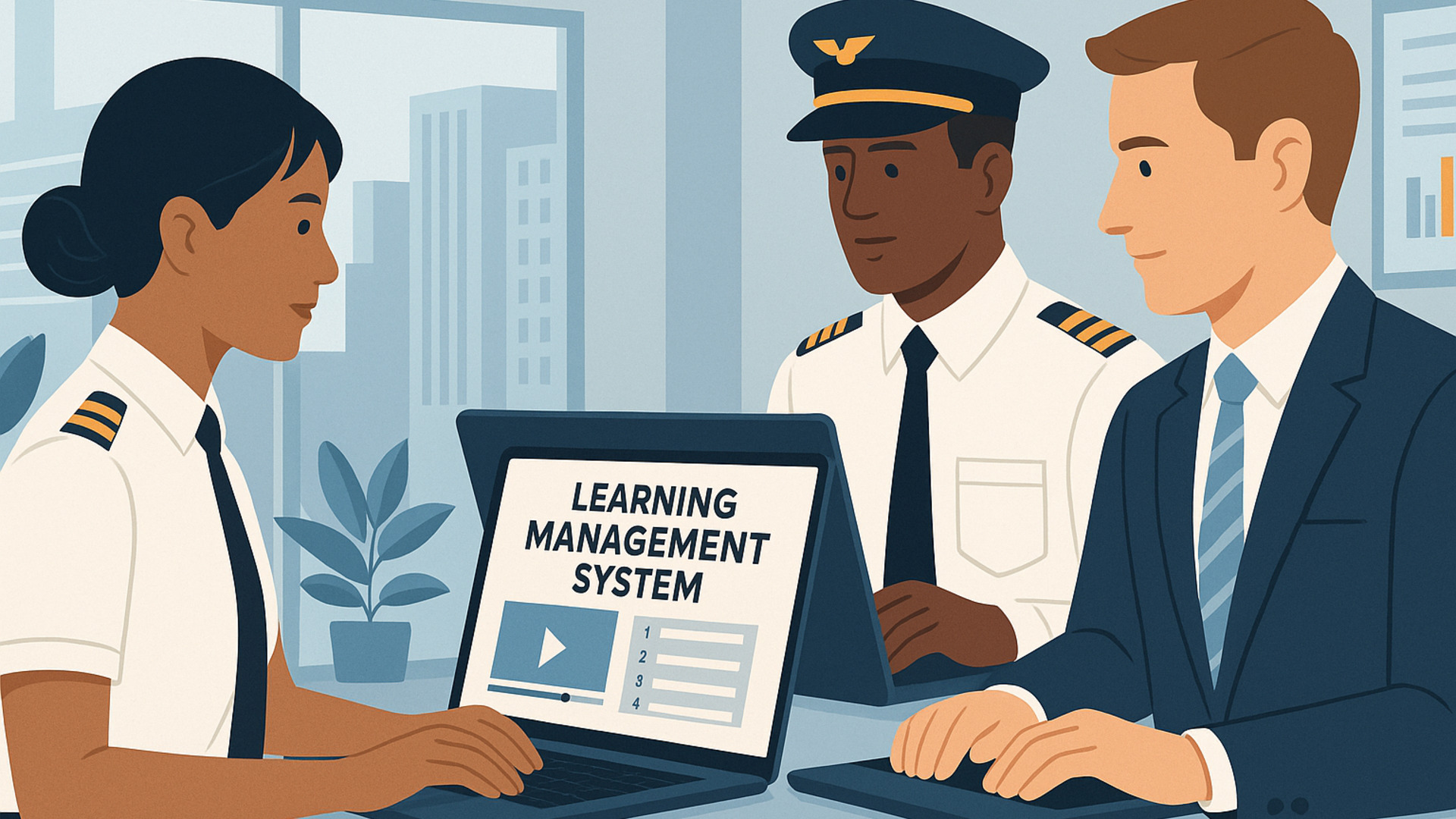 Pilots using a digital learning management system for aviation training