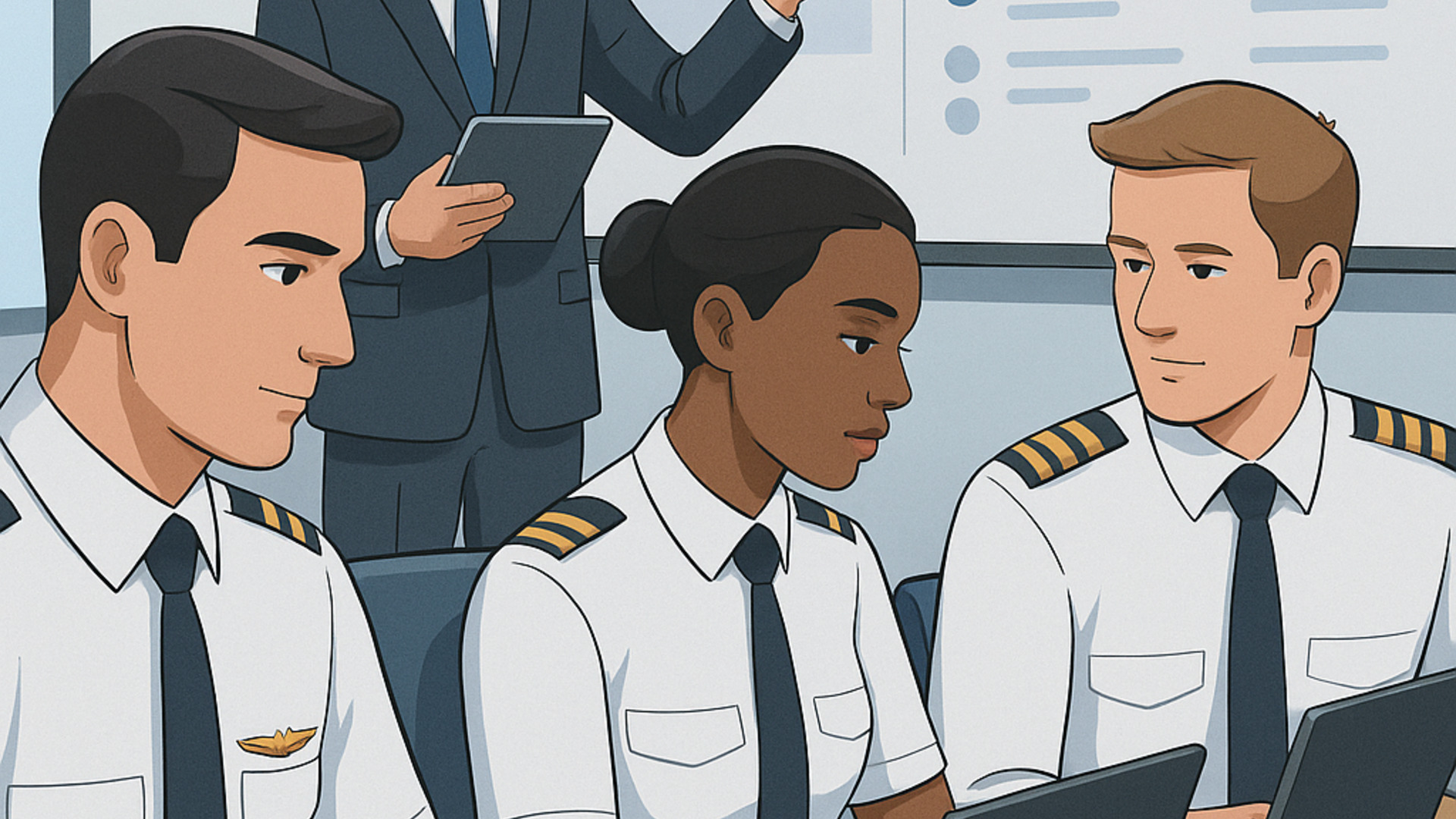 Flight crew reviewing compliance training checklists using digital technology
