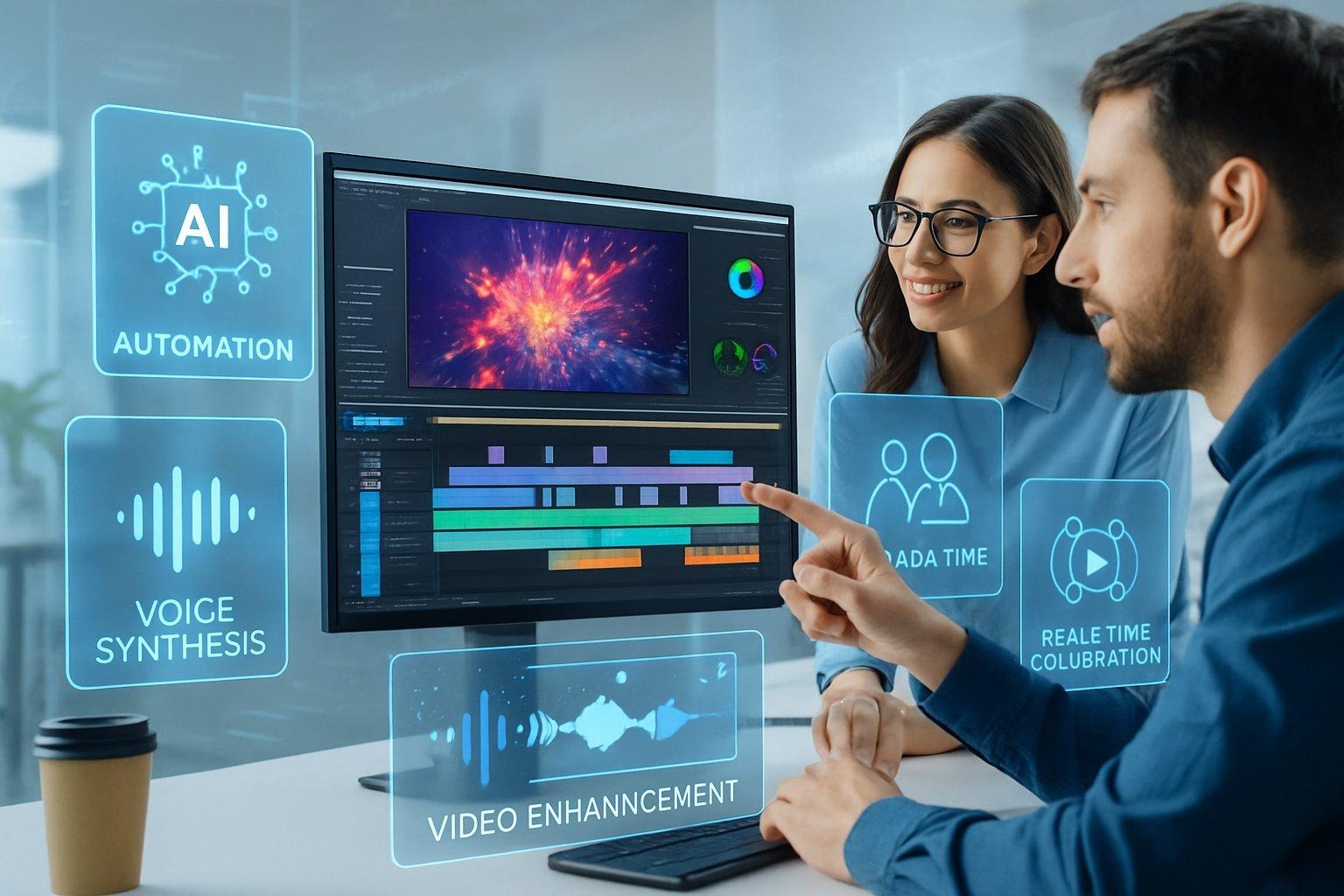 A team of professionals working together at a computer with multiple screens showing video editing and AI tools in a modern workspace.