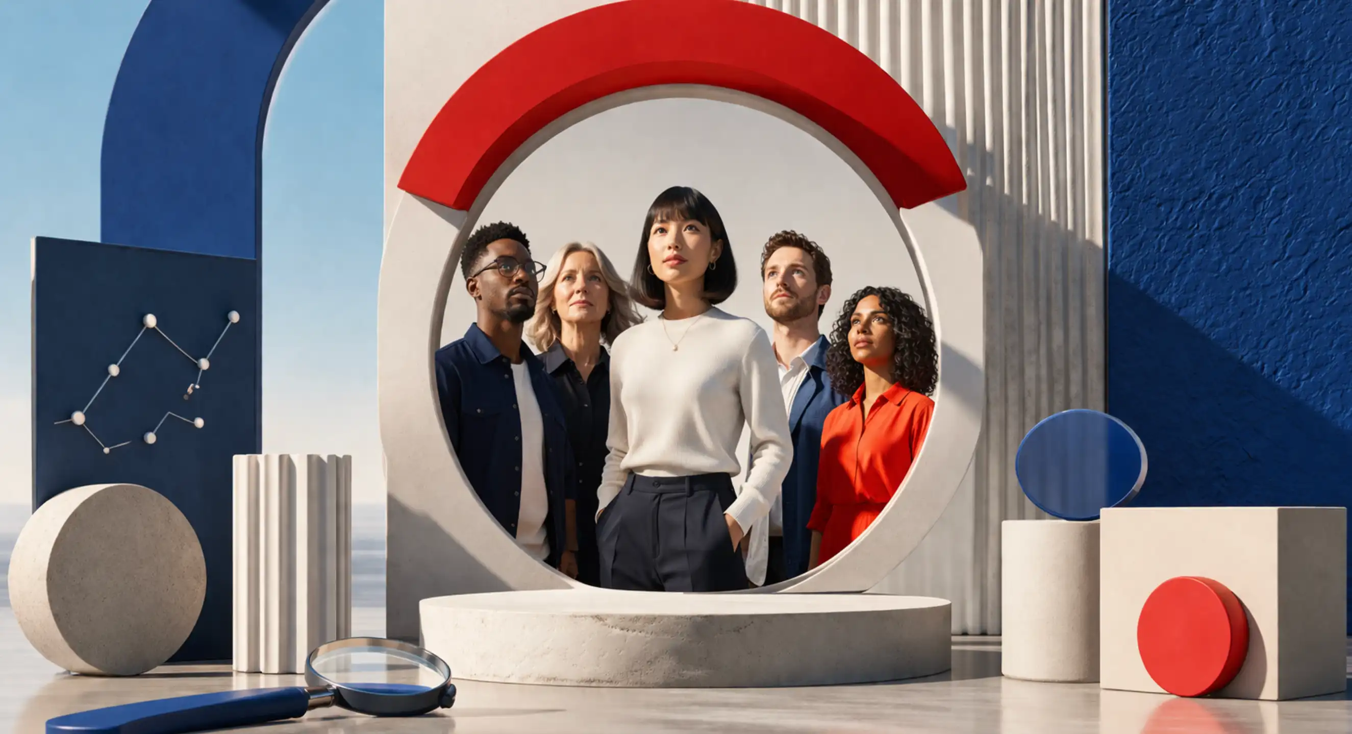 Illustration of people displayed in circled arch