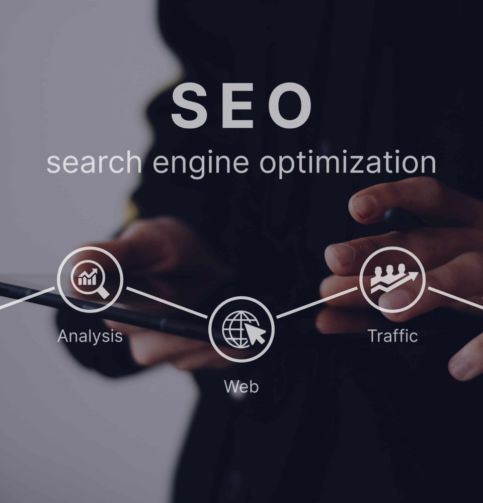 Person holding a digital dashboard showing SEO services Canada analytics, rankings, and optimization metrics.