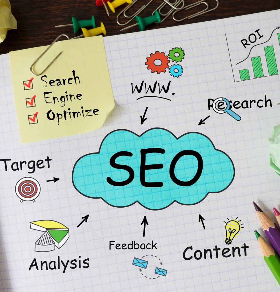 Person holding a tablet showing SEO services Canada process with content, web analysis, traffic, and ranking icons.