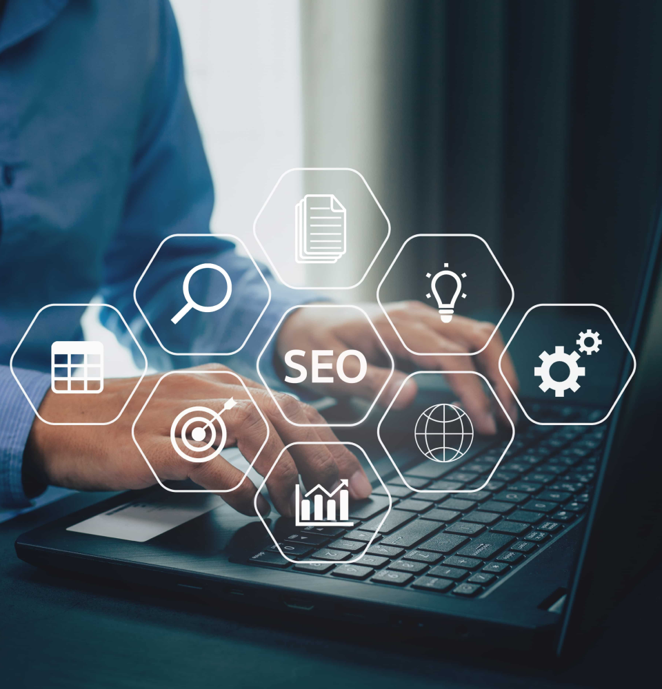 Person holding a digital dashboard showing SEO services Canada analytics, rankings, and optimization metrics.