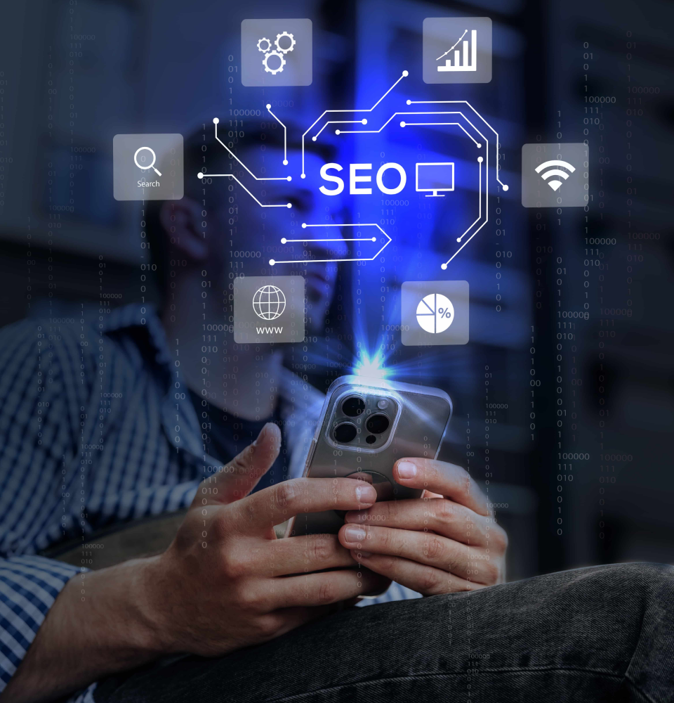 Person holding a tablet showing SEO services Canada process with content, web analysis, traffic, and ranking icons.