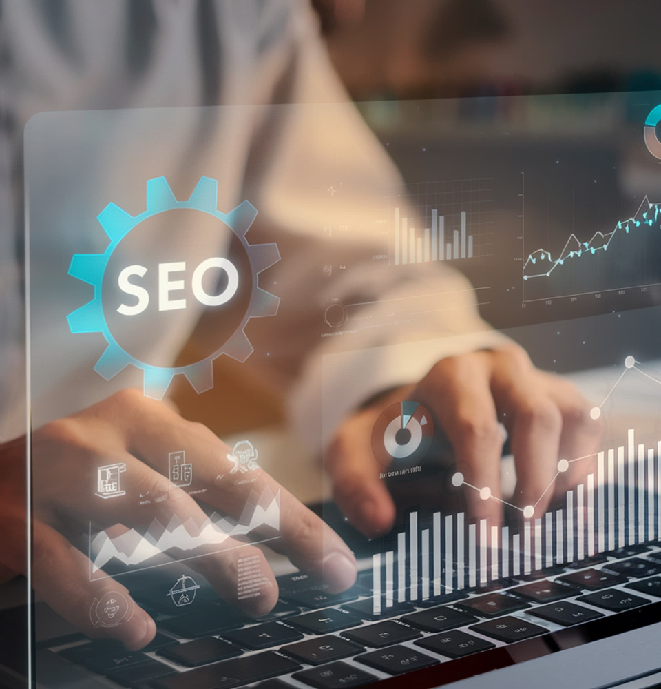 Person holding a digital dashboard showing SEO services Canada analytics, rankings, and optimization metrics.