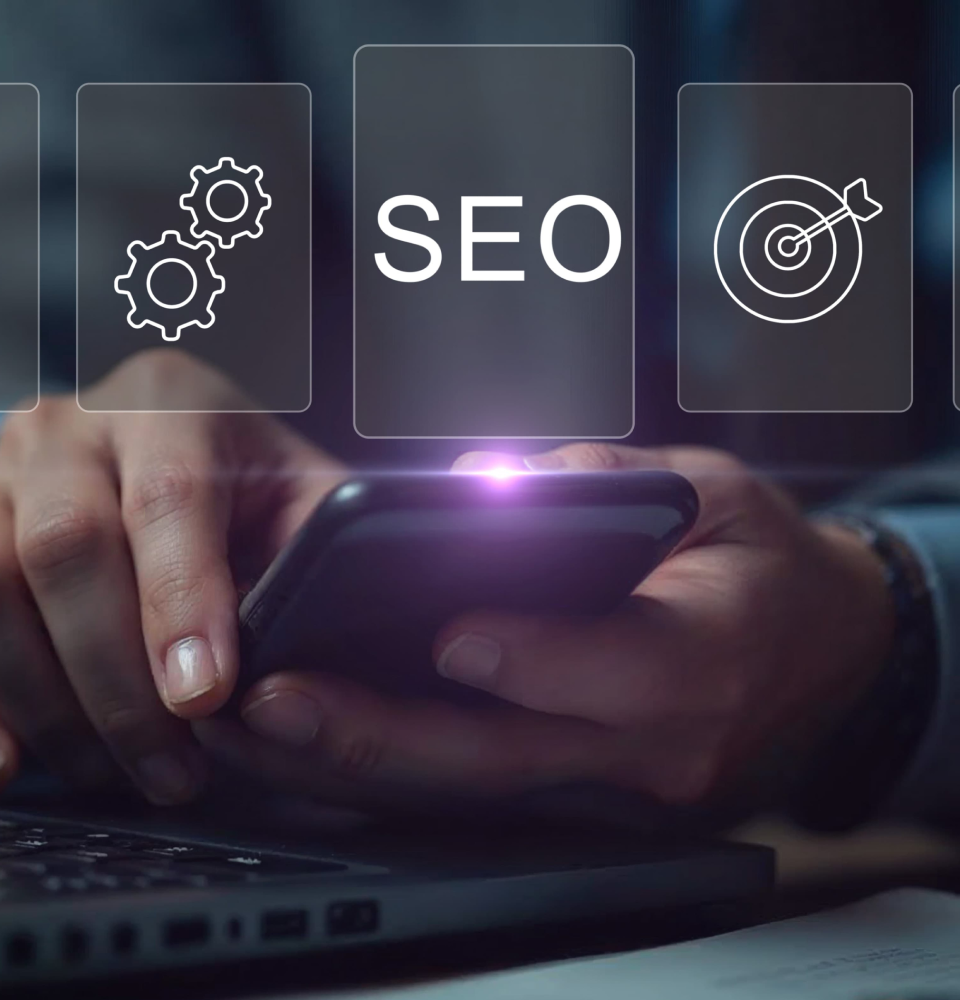 Person holding a tablet showing SEO services Canada process with content, web analysis, traffic, and ranking icons.