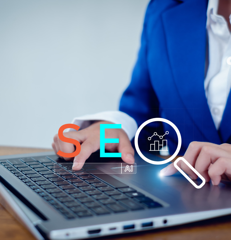Person holding a digital dashboard showing SEO services Canada analytics, rankings, and optimization metrics.
