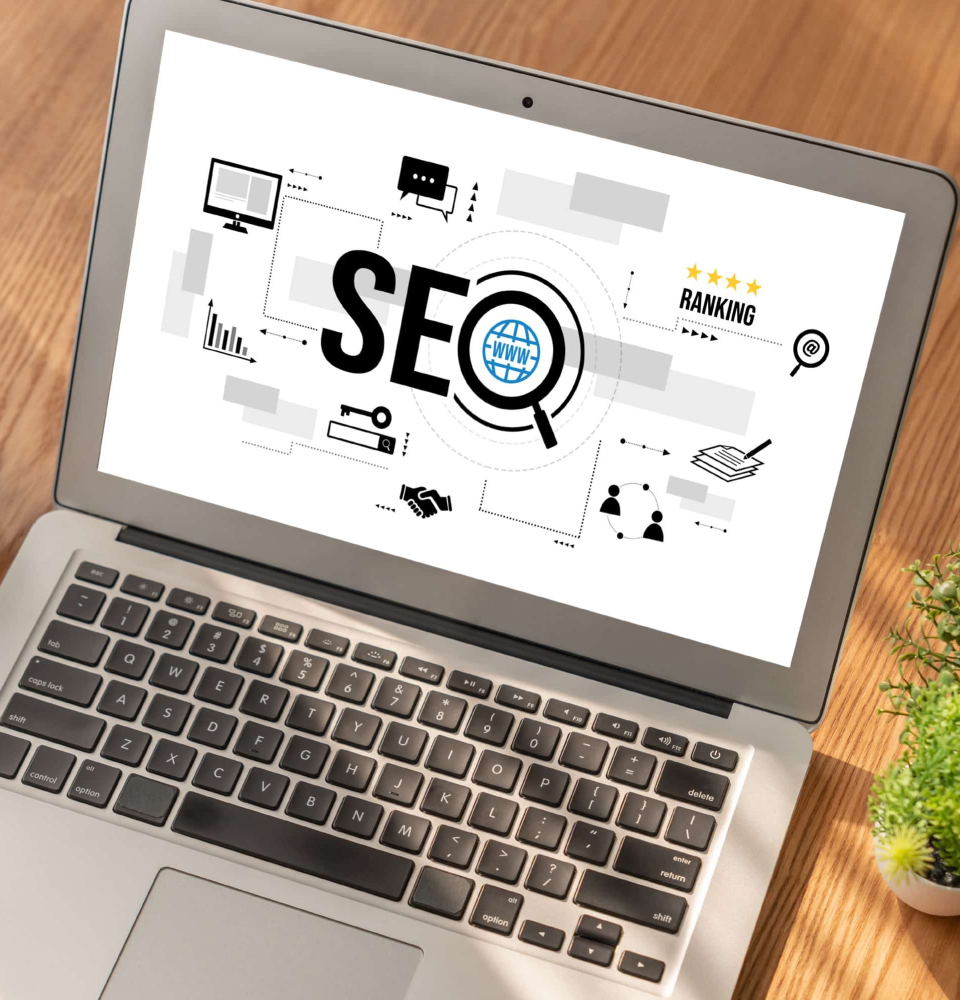 Person holding a digital dashboard showing SEO services Canada analytics, rankings, and optimization metrics.