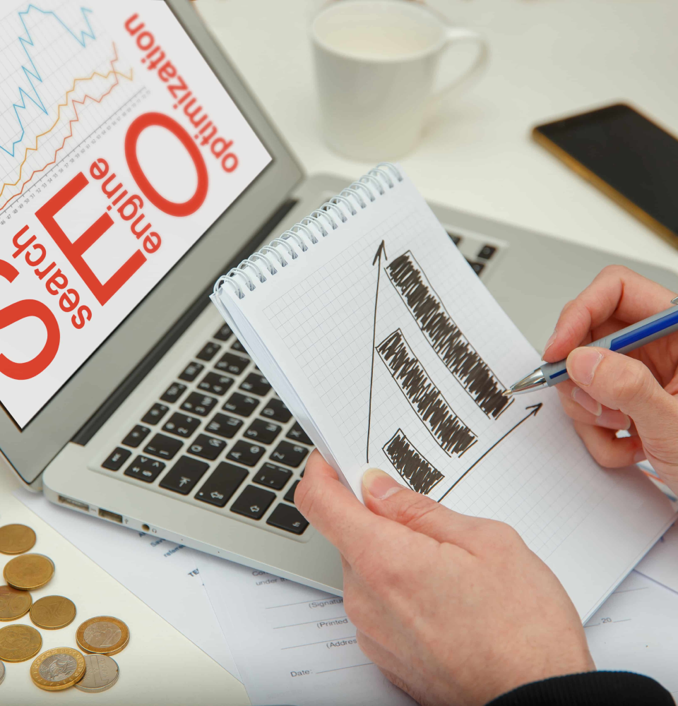 Person holding a tablet showing SEO services Canada process with content, web analysis, traffic, and ranking icons.