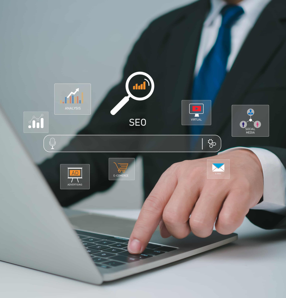 Person holding a digital dashboard showing SEO services Canada analytics, rankings, and optimization metrics.