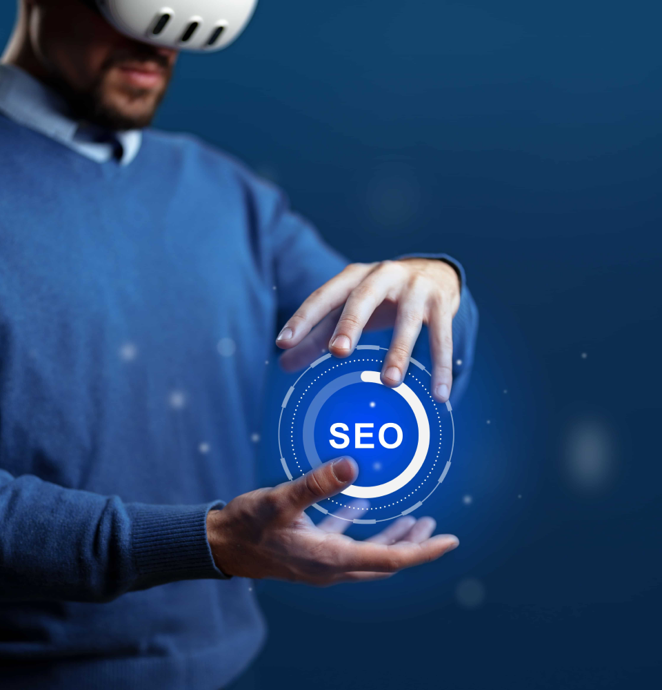 Person holding a tablet showing SEO services Canada process with content, web analysis, traffic, and ranking icons.
