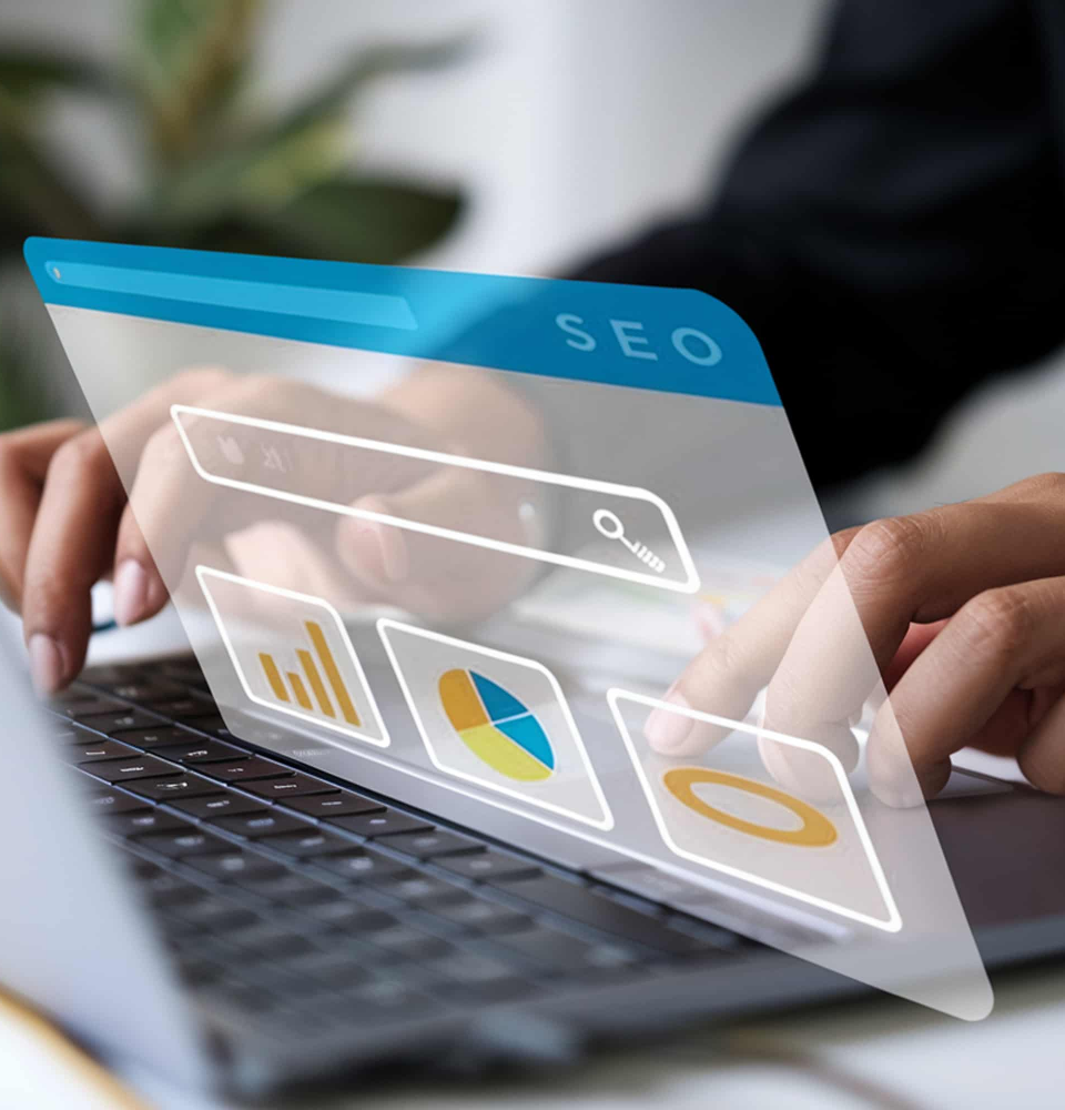 Person holding a tablet showing SEO services Canada process with content, web analysis, traffic, and ranking icons.