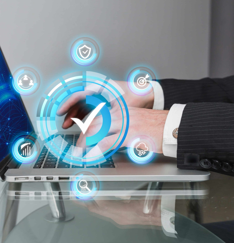 Person holding a digital dashboard showing SEO services Canada analytics, rankings, and optimization metrics.
