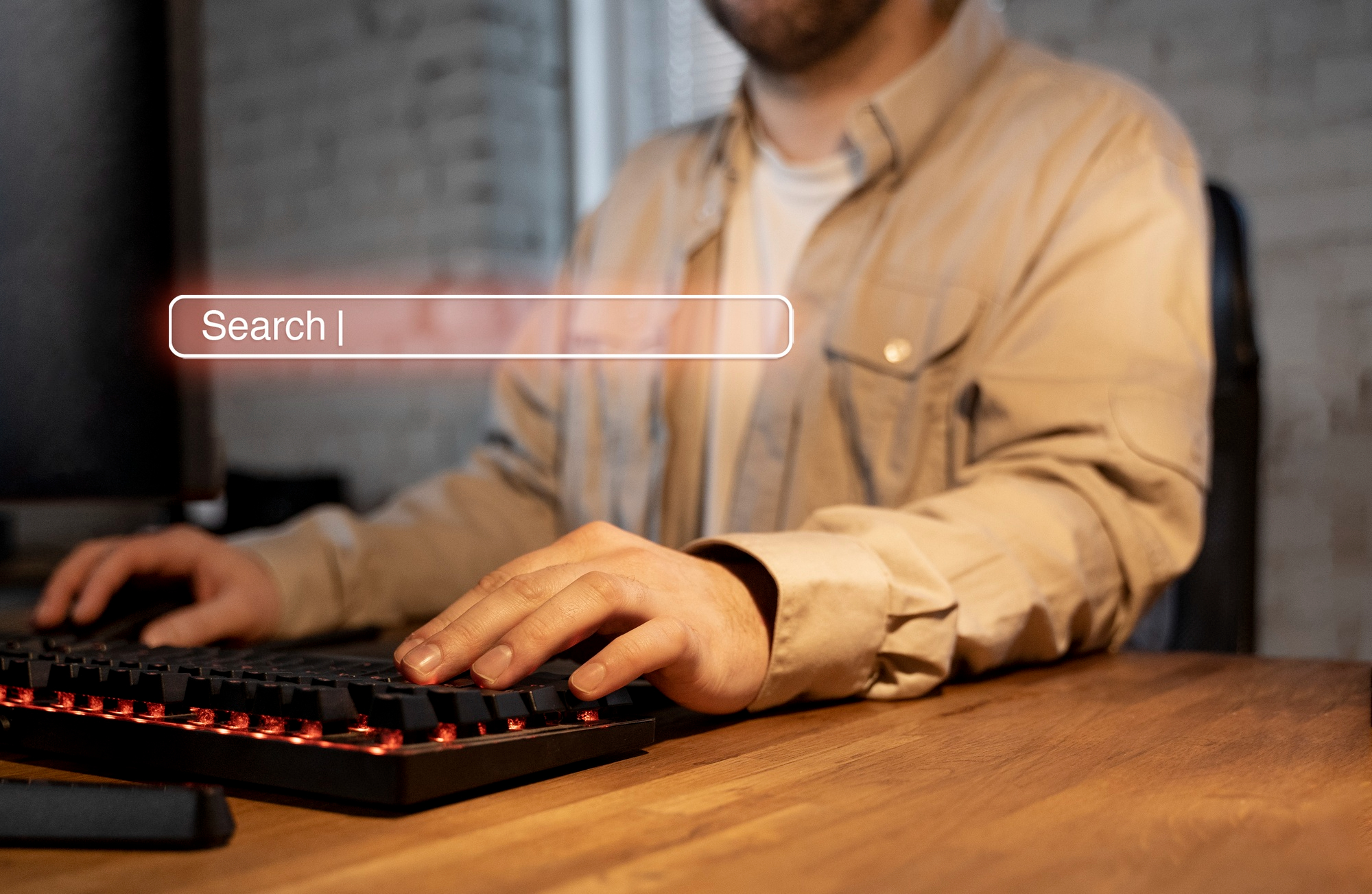 Homepage concept featuring a clean workspace with a laptop and a centered search bar resembling a browser Omnibox, positioned over a bright, minimal background.