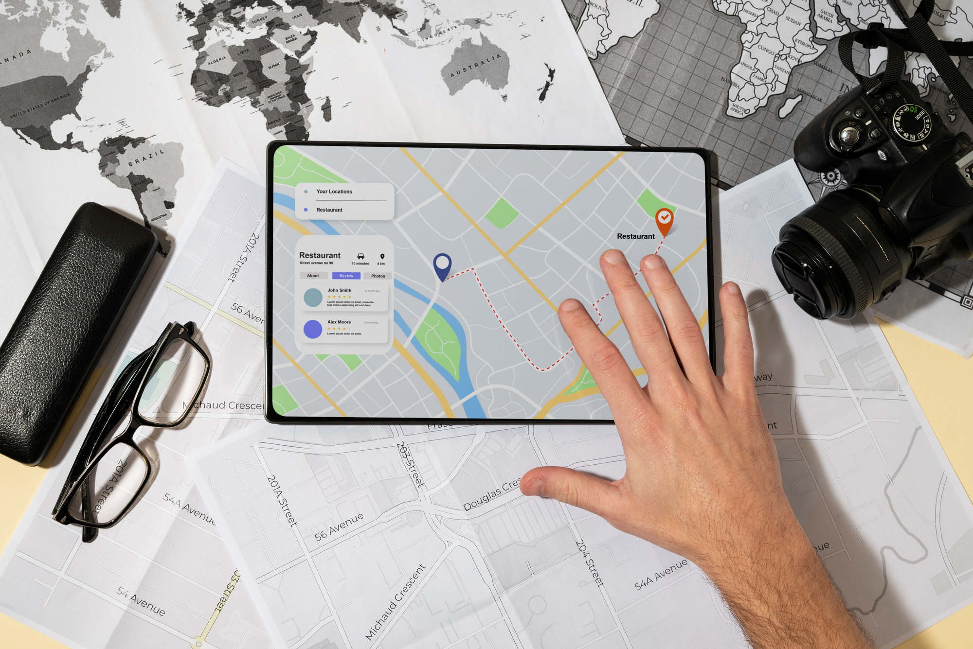 Top‑view of a GPS tablet held by hands displaying a world/local map with location pins, illustrating precise hyperlocal search targeting.
