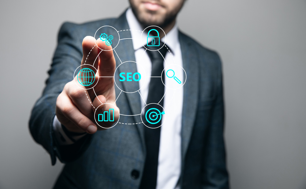 Business leader managing Enterprise SEO solutions through a digital search interface