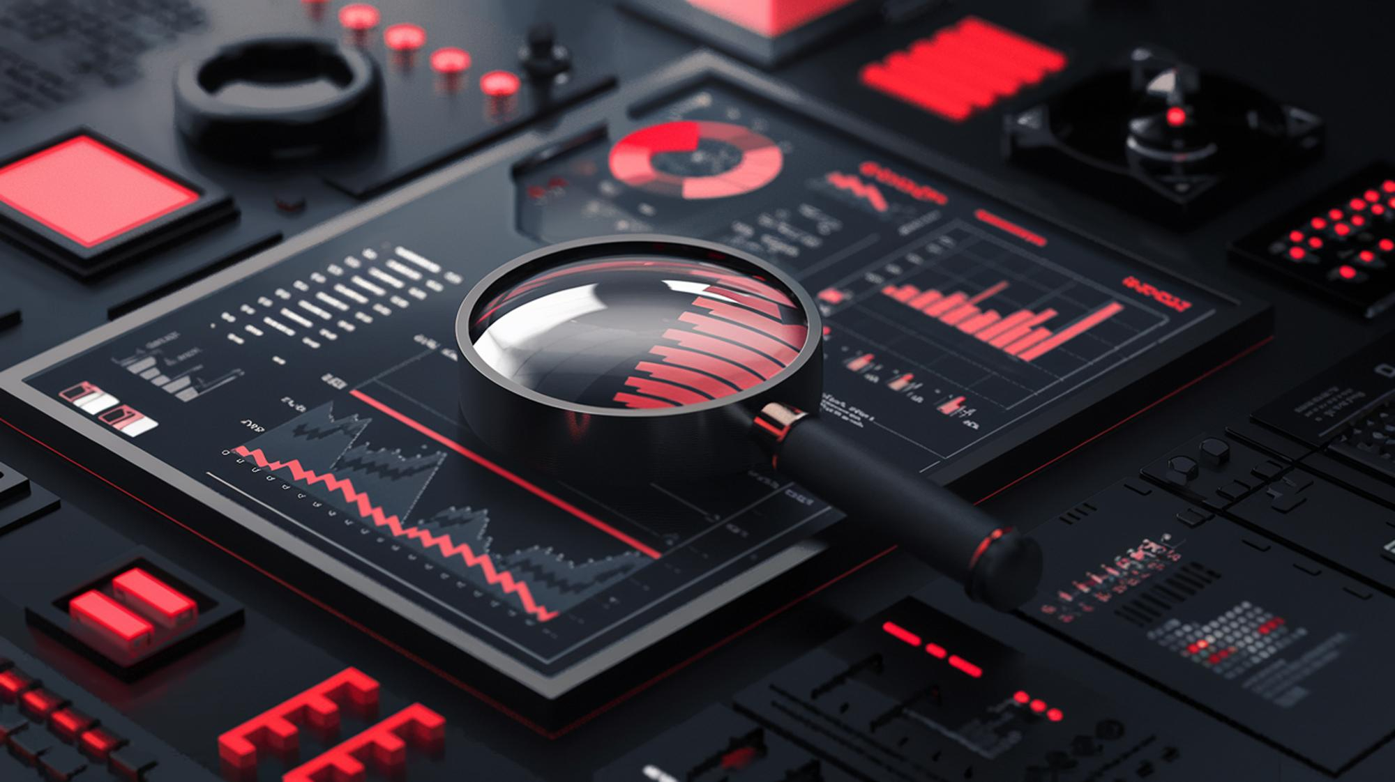 Magnifying glass analyzing website data during a technical SEO audit — identifying critical issues across site performance metrics.