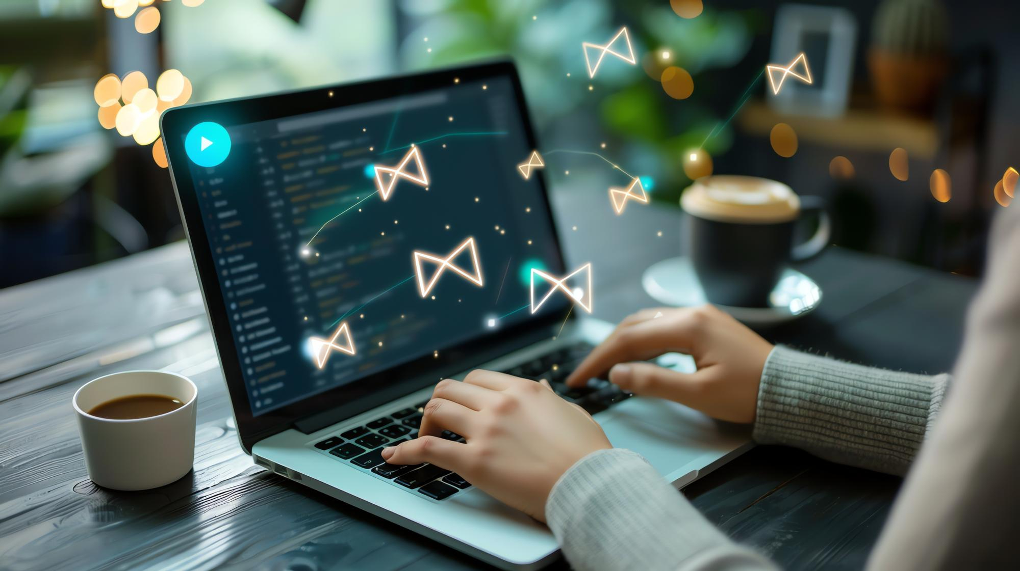 Hands typing on a laptop with floating email icons representing white hat link building outreach for Canadian businesses.