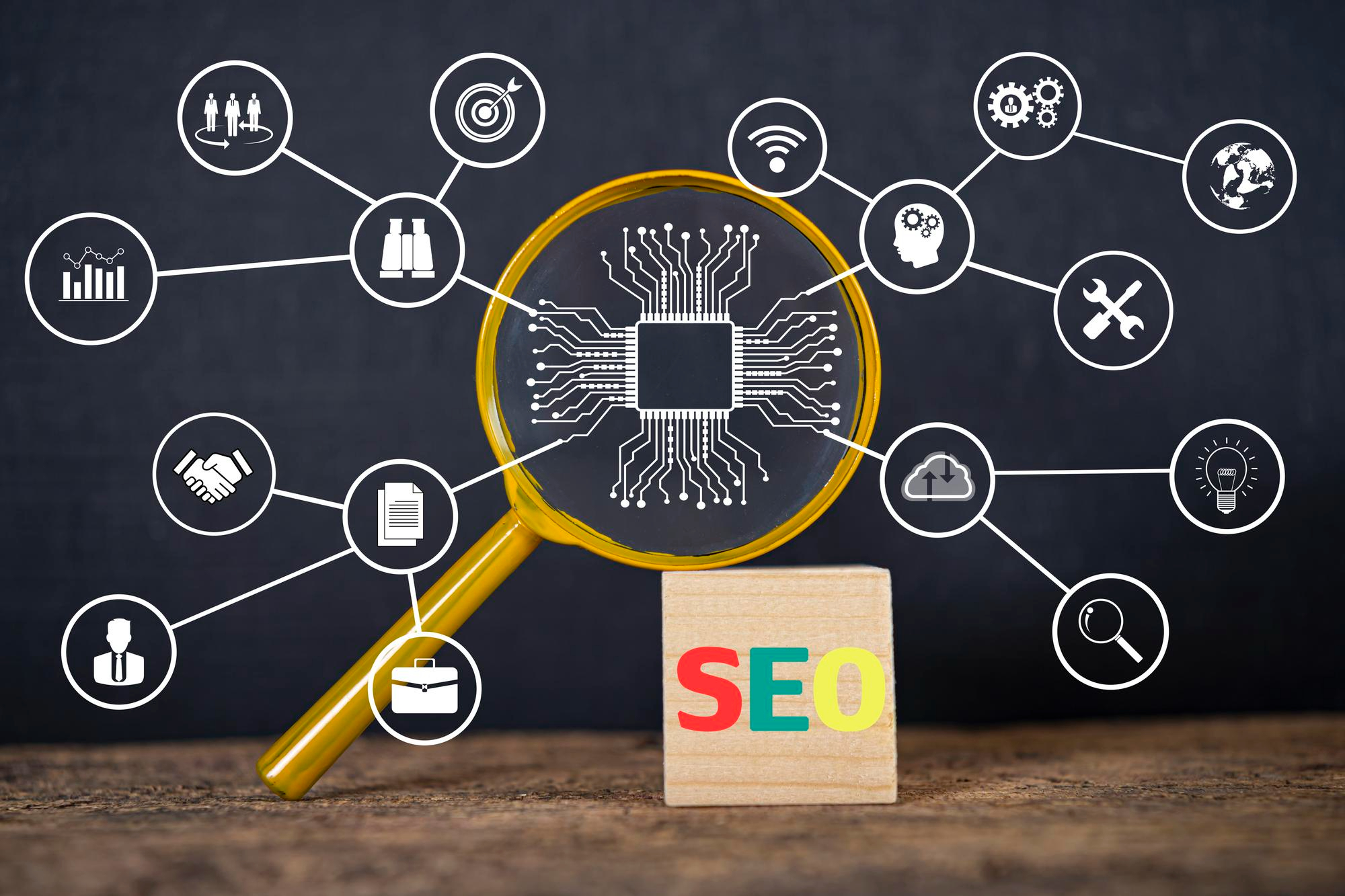 Magnifying glass over a circuit board microchip surrounded by a network of SEO and business icons on a dark background, illustrating off-page SEO meaning.