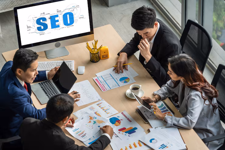 Marketing team reviewing SEO strategy and analytics reports in a business meeting.