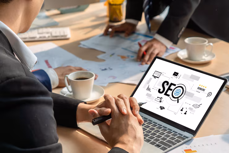 Business professional reviewing SEO ranking dashboard on laptop during strategy session.