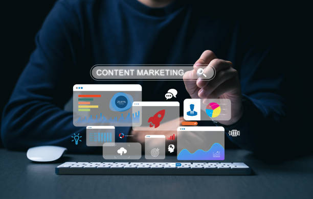 Digital content marketing dashboard showing analytics, search bar, and online strategy icons on a computer screen.