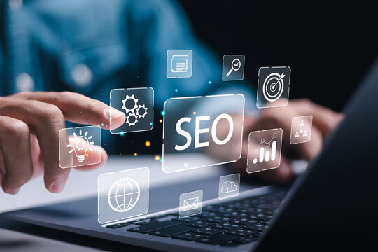 SEO optimization interface with digital icons including gears, lightbulb, analytics, and target on laptop.