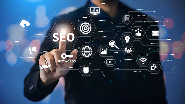 Businessman pointing to SEO digital marketing interface with keywords, target, analytics, and search icons on a virtual screen.