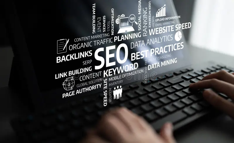 SEO word cloud featuring keywords, backlinks, organic traffic, data analytics, and best practices for search engine optimization.
