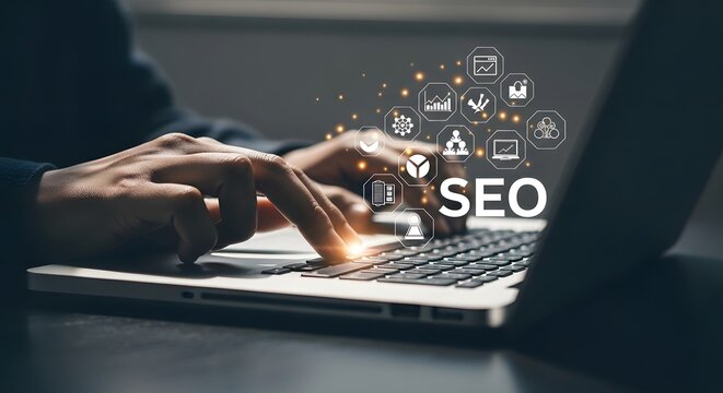 SEO specialist using laptop with digital icons representing search engine optimization tools and strategy.