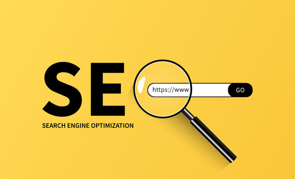 SEO search engine optimization concept with magnifying glass over HTTPS URL search bar on yellow background.