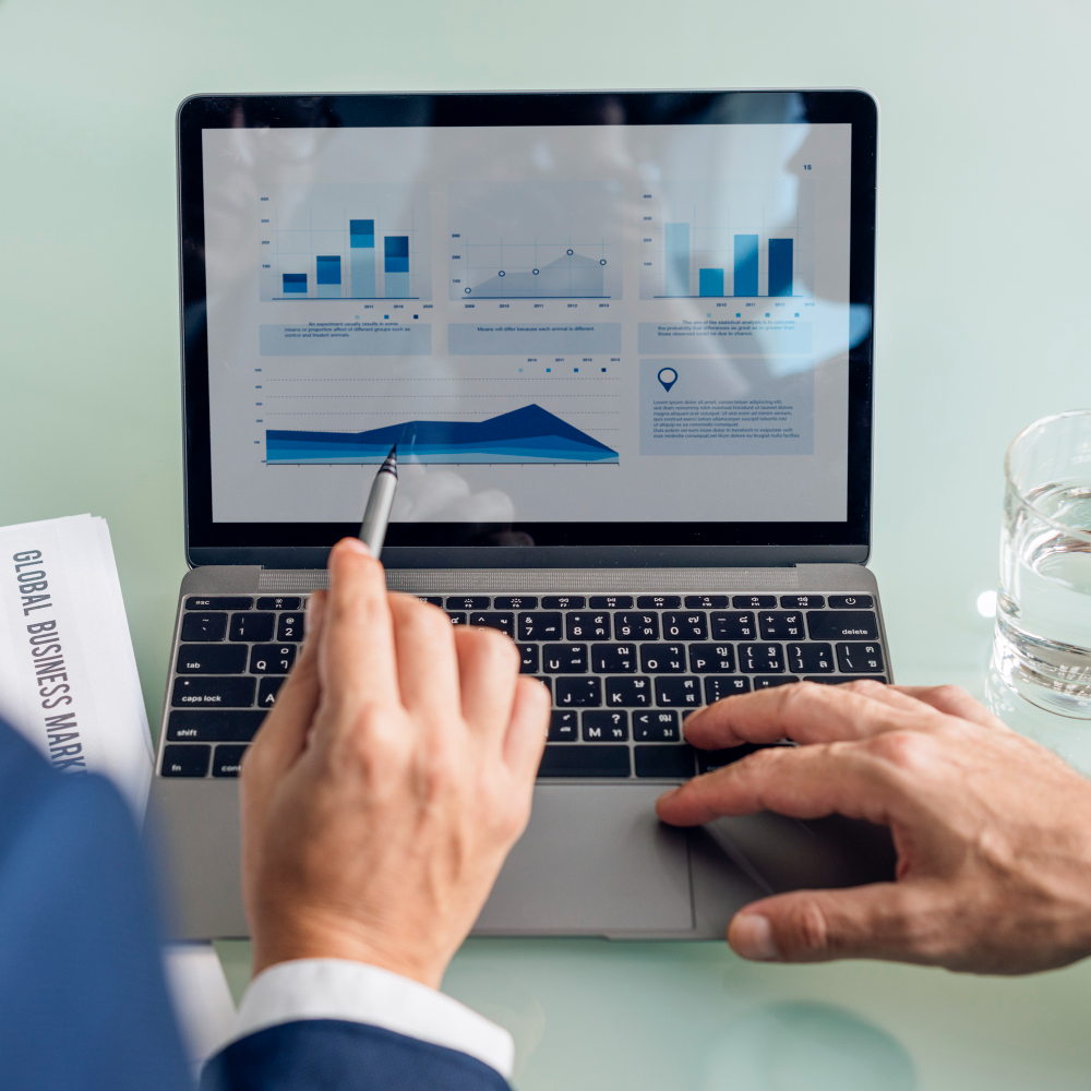 A professional checking graphs and stats on their laptop to measure progression.