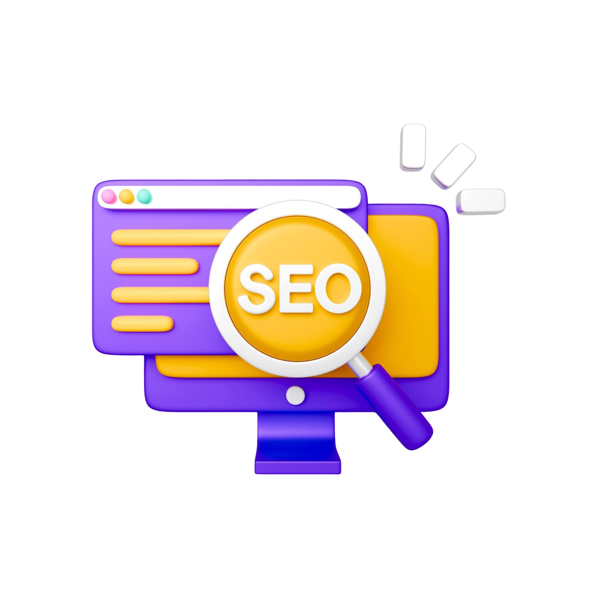 A collage of icons showing screen and magnifying glass with the word SEO on it.