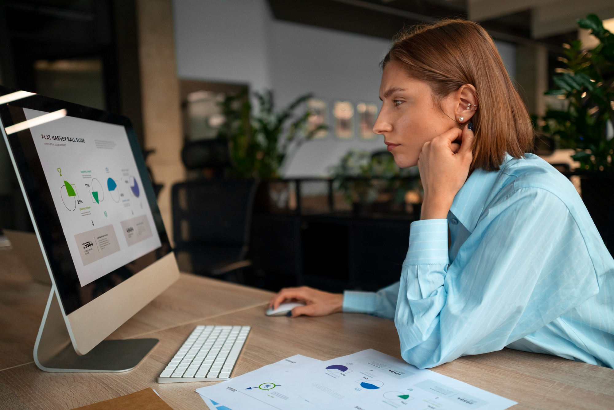 Analyst at an iMac studying a Harvey ball chart slide, with printed reports on the desk, reviewing SEO and content performance metrics.