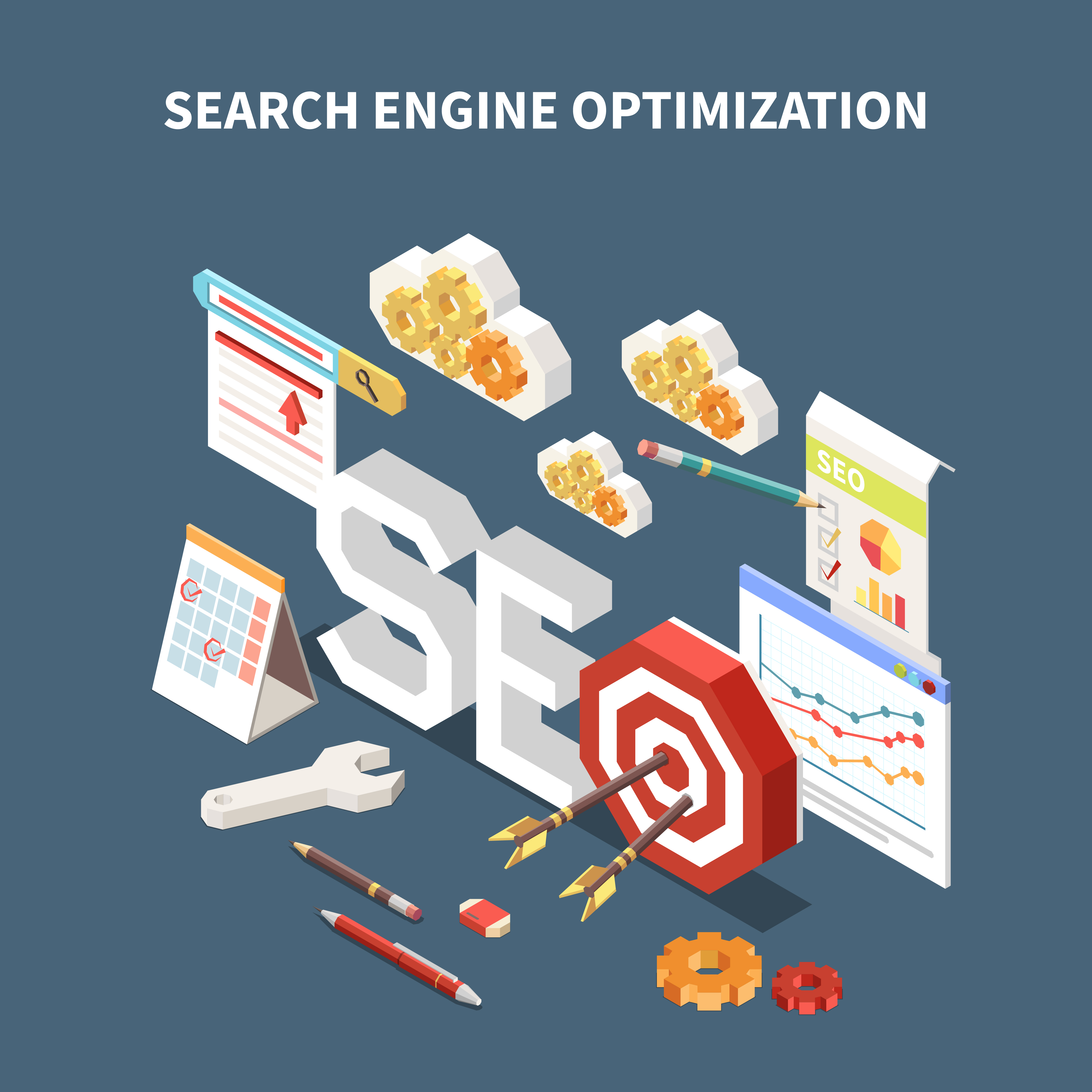 Isometric Search Engine Optimization graphic with 3D SE letters, gears, a target and arrows, a checklist, charts and a browser search bar.