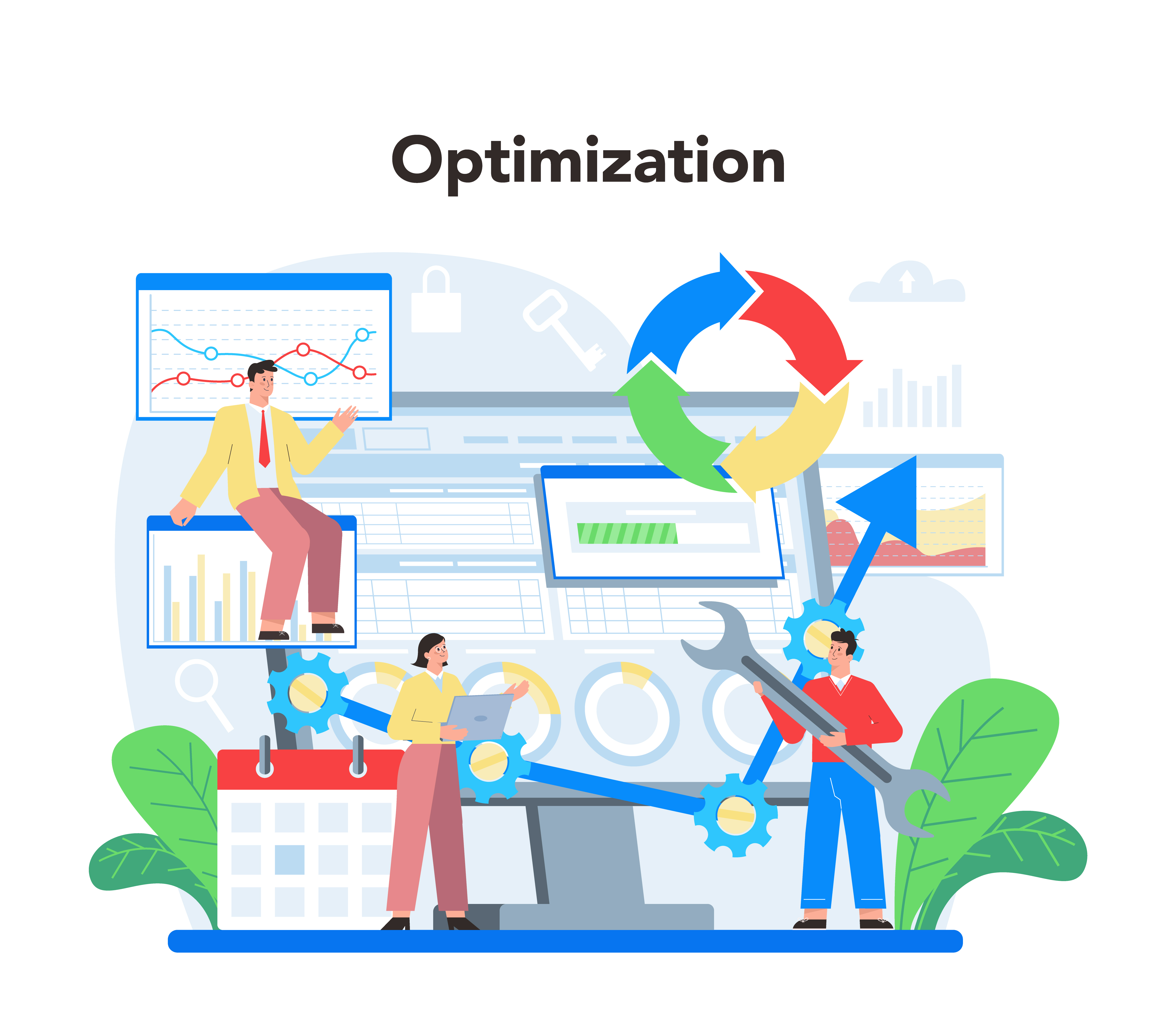 Flat Optimization illustration of a team with charts, gears, a wrench and a cycle arrow around dashboards, showing SEO work in progress.
