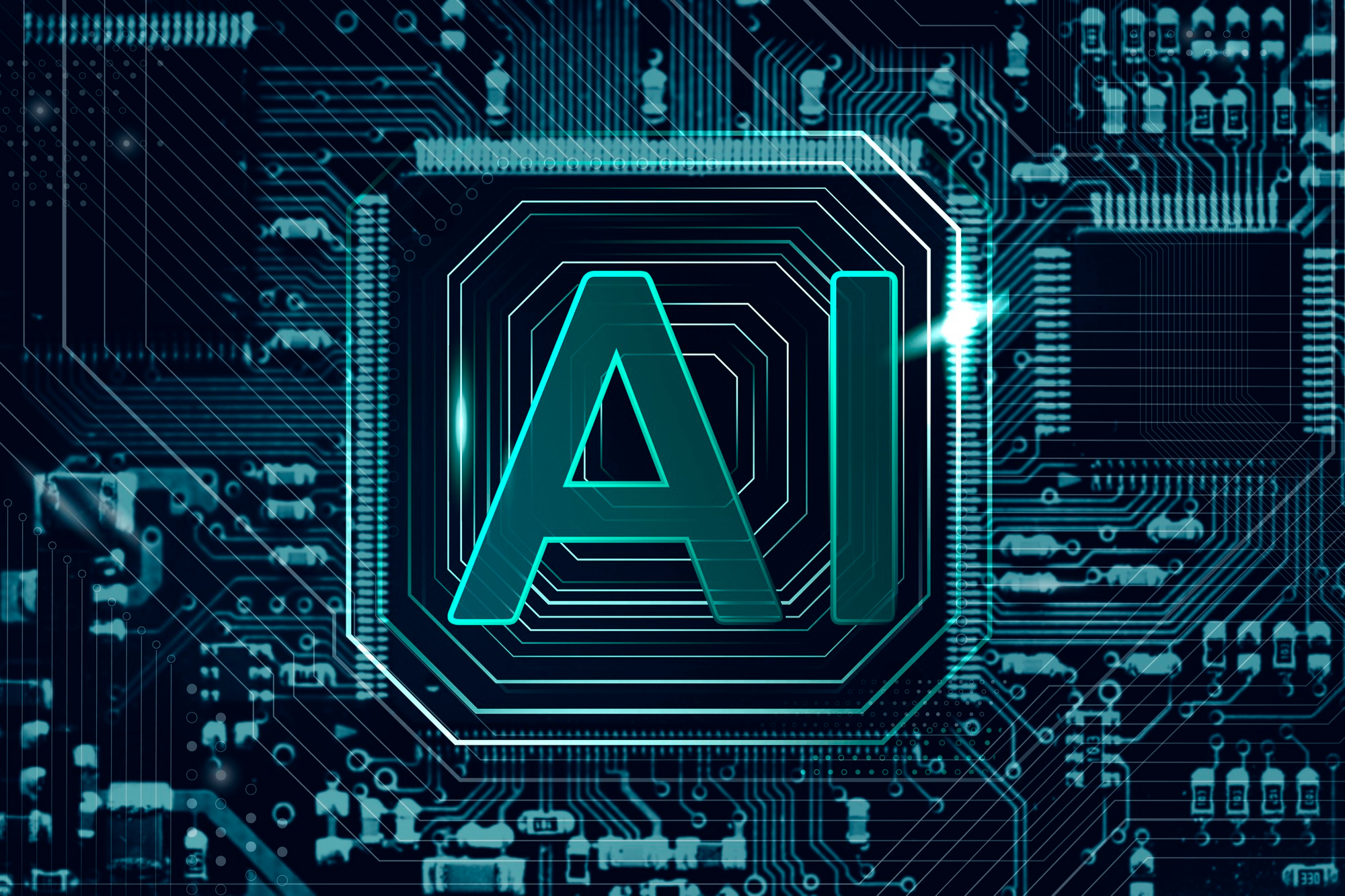 Glowing teal AI letters on a microchip outline amid circuit-board traces, representing the artificial intelligence behind modern AI search.