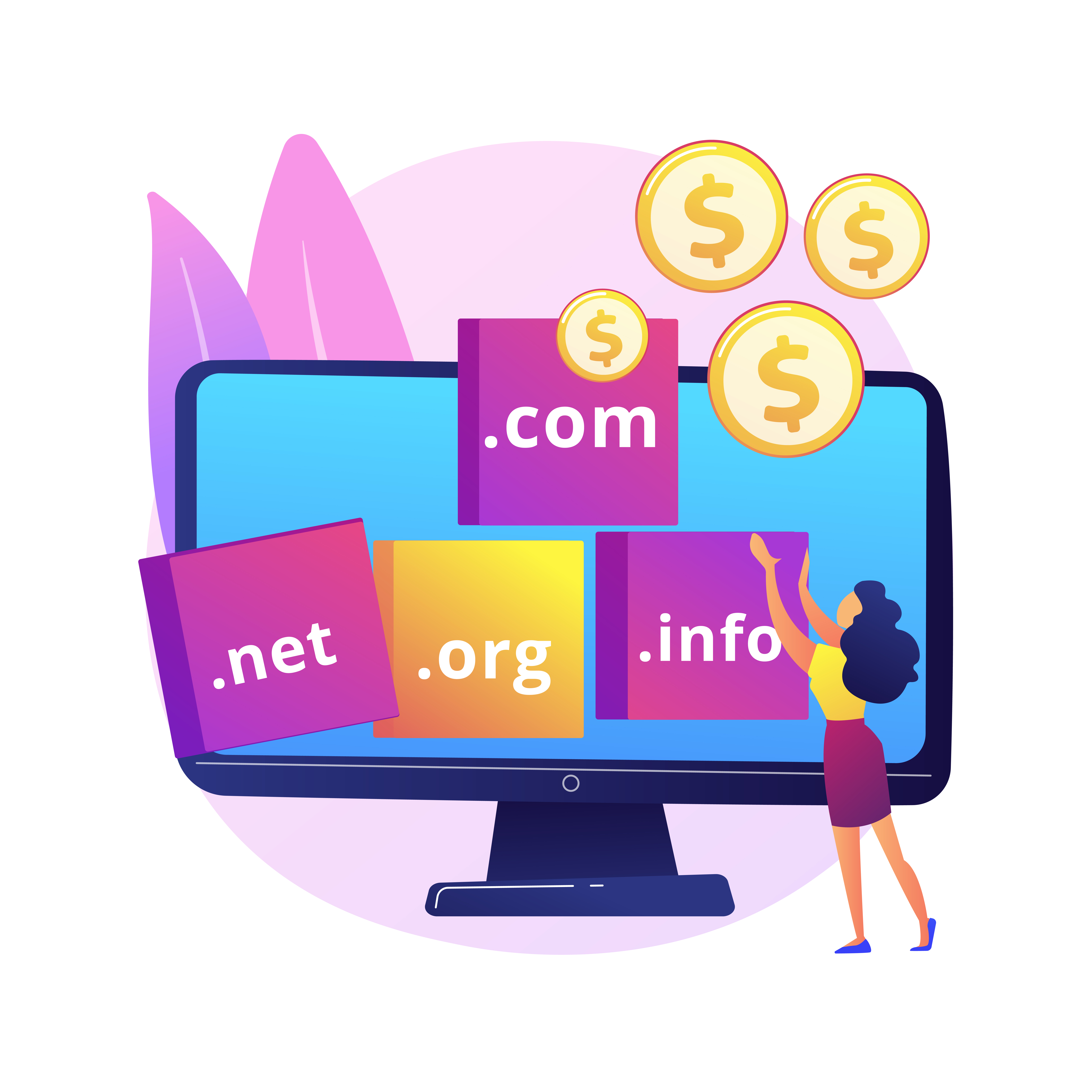Flat illustration of a woman selecting domain-name tiles reading .com, .net, .org and .info on a giant monitor with gold coins, choosing a domain.
